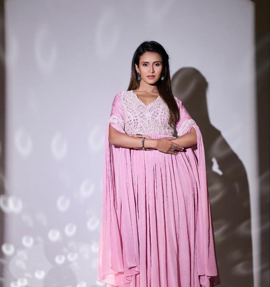 Blush mirror-work kaftan gown