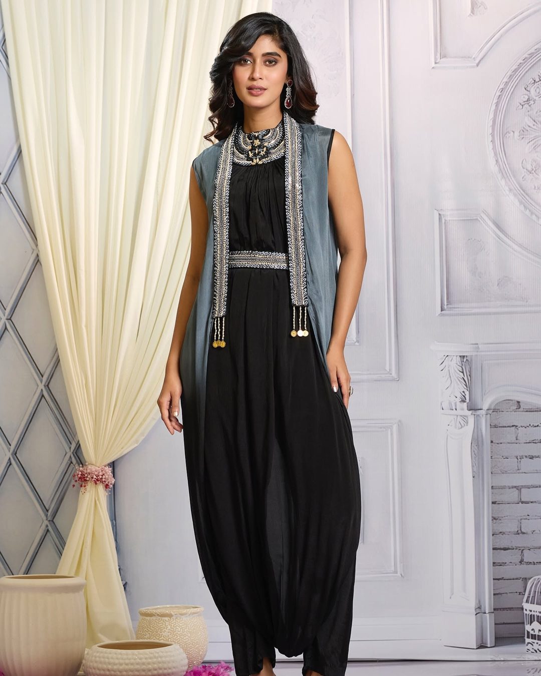Charcoal ombre cape dhoti set