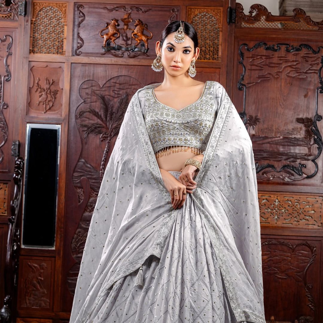 Dove grey mirror lehenga