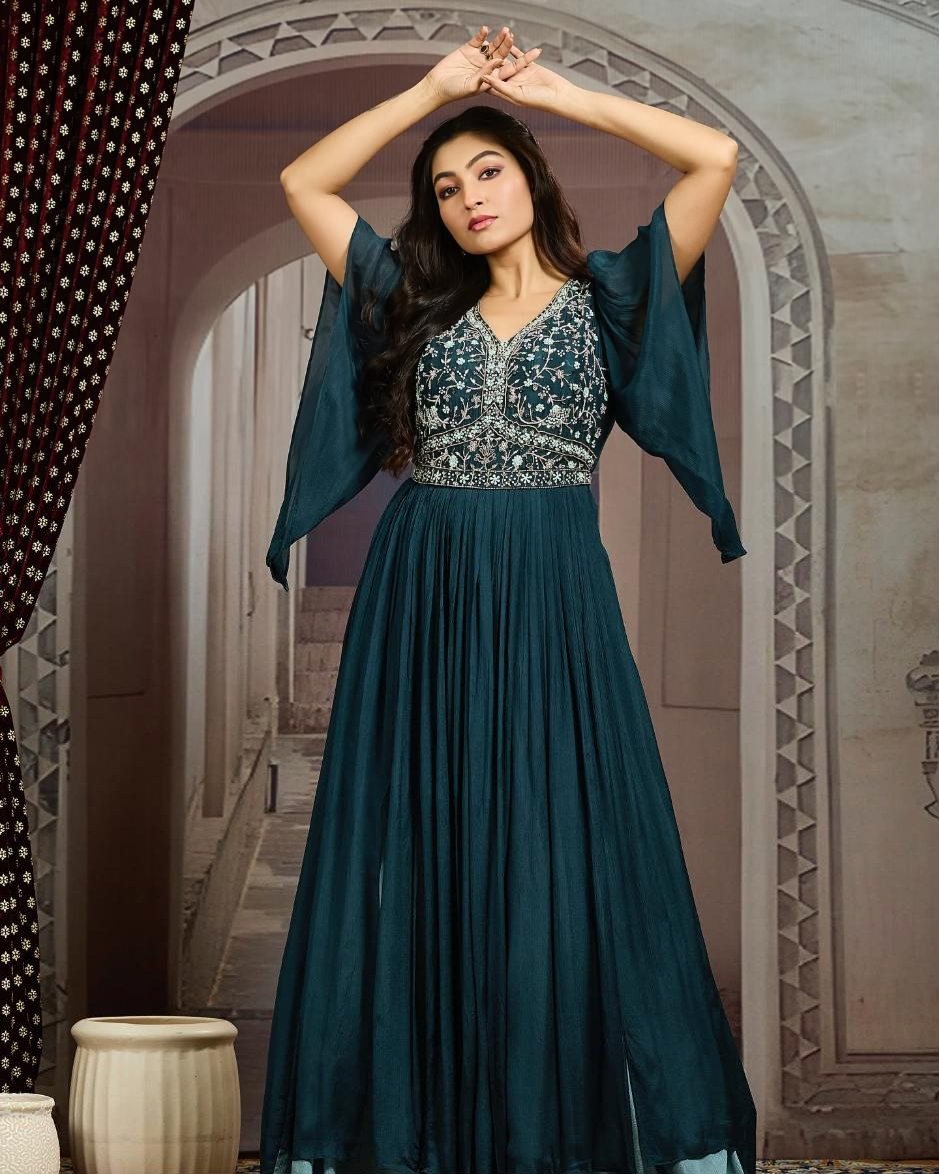 Peacock flutter-sleeve gown