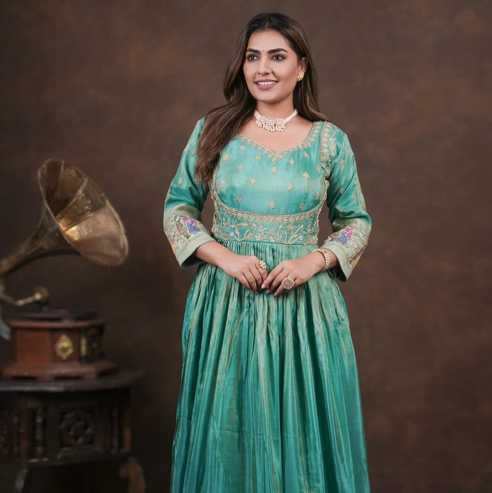 Teal tissue anarkali